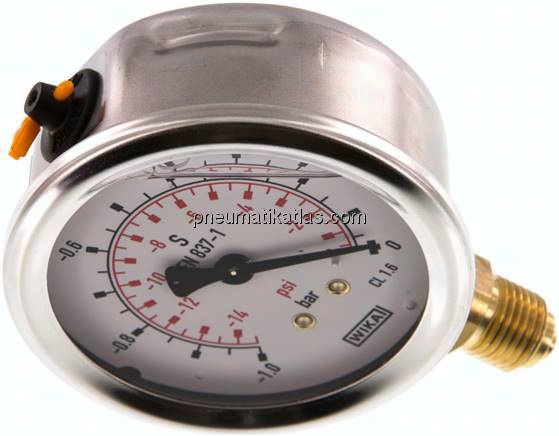 Glycerin-Manometer senkrecht (CrNi/Ms), 63mm, -1 bis 0 bar