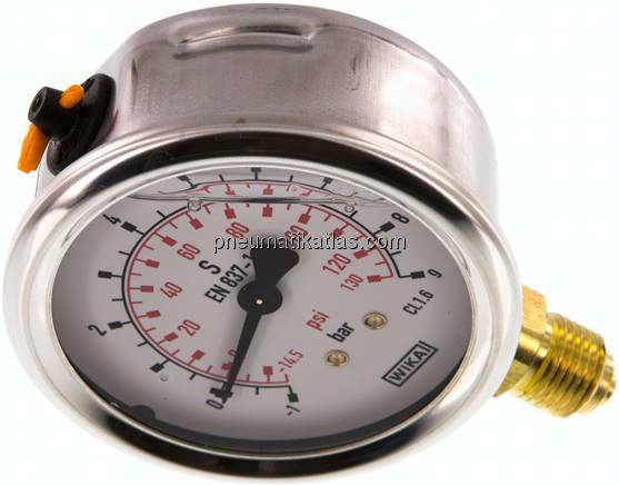 Glycerin-Manometer senkrecht (CrNi/Ms), 63mm, -1 bis 9 bar