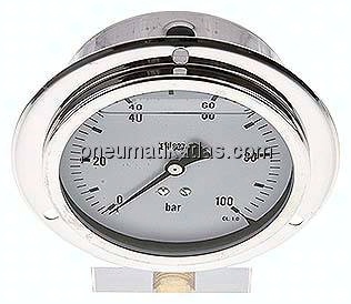 Glycerin-Einbaumanometer,Frontring, 100mm, 0 - 100 bar