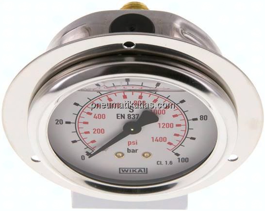 Glycerin-Einbaumanometer,Frontring, 63mm, 0 - 100 bar