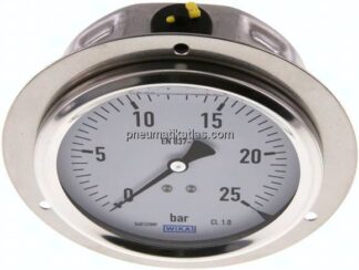 Glycerin-Einbaumanometer,Frontring, 100mm, 0 - 25 bar