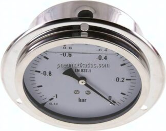 Glycerin-Einbaumanometer,Frontring, 100mm, -1 bis 0 bar