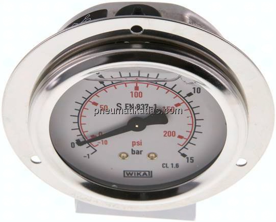 Glycerin-Einbaumanometer,Frontring, 63mm, -1 bis 15 bar
