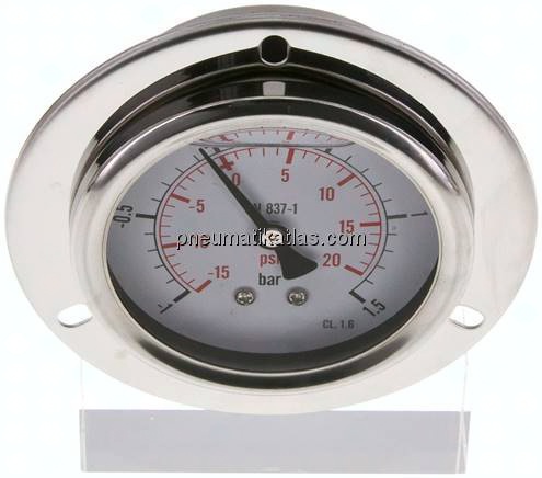 Glycerin-Einbaumanometer,Frontring, 63mm, -1 bis 1,5 bar