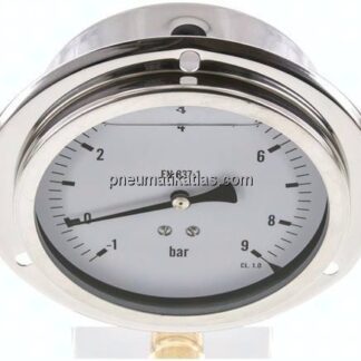Glycerin-Einbaumanometer,Frontring, 100mm, -1 bis 9 bar