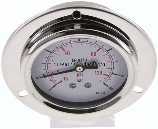 Glycerin-Einbaumanometer,Frontring, 63mm, -1 bis 9 bar