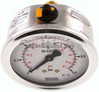 Glycerin-Manometer waagerecht (CrNi/Ms),63mm, 0 - 0,6bar