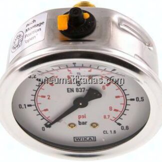 Glycerin-Manometer waagerecht (CrNi/Ms),63mm, 0 - 0,6bar