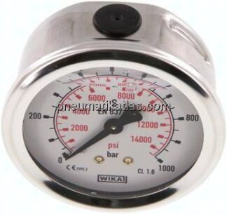Glycerin-Manometer waagerecht (CrNi/Ms),63mm, 0 - 1000bar