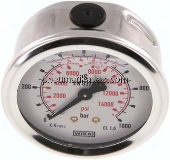 Glycerin-Manometer waagerecht (CrNi/Ms),63mm, 0 - 1000bar
