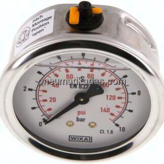 Glycerin-Manometer waagerecht (CrNi/Ms),63mm, 0 - 10bar