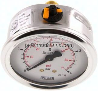 Glycerin-Manometer waagerecht (CrNi/Ms),63mm, 0 - 4bar