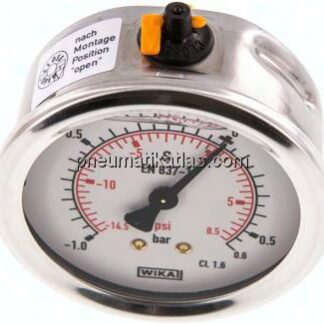 Glycerin-Manometer waagerecht (CrNi/Ms),63mm, -1 bis 0,6bar