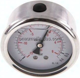 Glycerin-Manometer waagerecht (CrNi/Ms),63mm, -1 bis 0,6bar