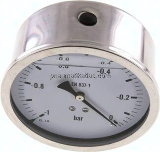 Glycerin-Manometer waagerecht (CrNi/Ms),100mm, -1 bis 0bar