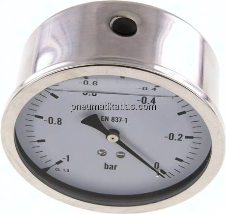 Glycerin-Manometer waagerecht (CrNi/Ms),100mm, -1 bis 0bar