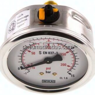 Glycerin-Manometer waagerecht (CrNi/Ms),63mm, -1 bis 15bar