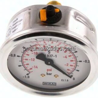 Glycerin-Manometer waagerecht (CrNi/Ms),63mm, -1 bis 0bar
