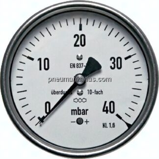 Manometer waagerecht 160mm, -0,06 bar bis 0 bar mbar, G 1/2"