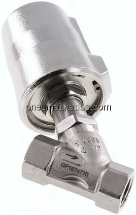 Schrägsitzventil 1.4408, G 1/2", geschlossen, Steuerzylinder aus 1.4581 mit Dichtungen aus FKM
