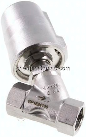 Schrägsitzventil 1.4408, G 3/4", geschlossen, Steuerzylinder aus 1.4581 mit Dichtungen aus FKM
