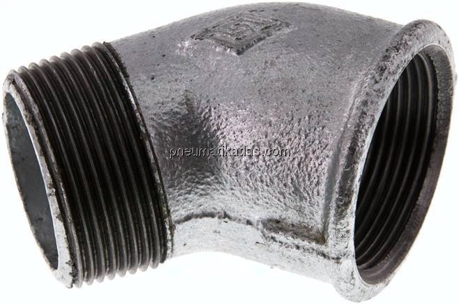 45°-Einschraubwinkel Rp 1-1/2"(IG)-R 1-1/2"(AG), Temperguss verzinkt