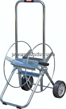 Fahrbarer Profi-Schlauchwagen aus galvanisch verzinktem Stahlrohr mit Kunststoff-Profilrädern. Durch