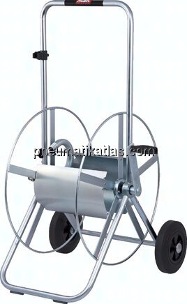 Fahrbarer Profi-Schlauchwagen aus galvanisch verzinktem Stahlrohr mit Vollgummirädern und Haspelbloc