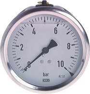 Glycerinmanometer waagerecht Ø 100 mm, Edelstahl / Messing - Robust|Klasse 1