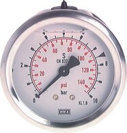 Glycerinmanometer waagerecht Ø 63 mm, Edelstahl / Messing - Robust|Klasse 1,6